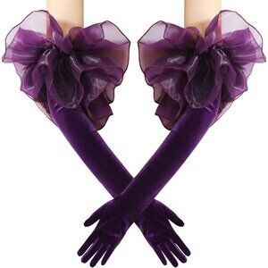 Women's Purple Ruffled Puffy Velvet Tulle Cuff Long Satin Gloves Party Costume